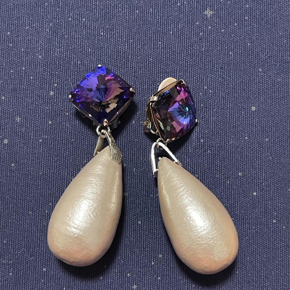 Elegant Jumbo 90’s Pearl Teardrop Drop Earrings with Purple Crystal Accent
